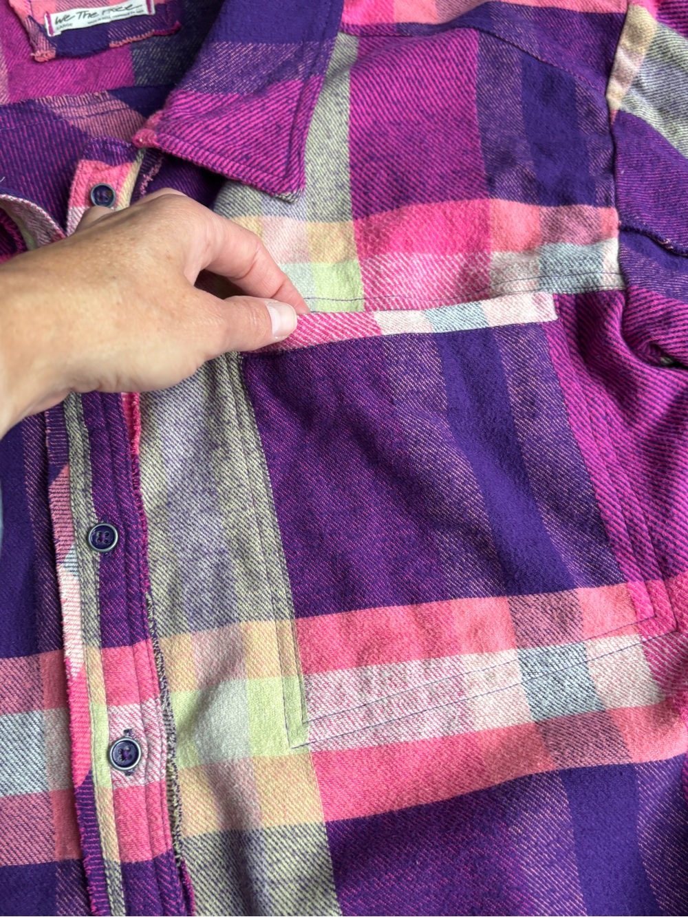 We The Free People Oversized Flannel Plaid Shirt Shacket Purple Pink Large - Picture 4 of 11